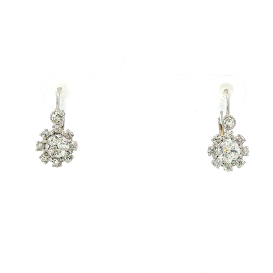 Diamond Floral Halo Drop Earrings in White Gold