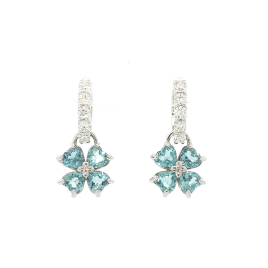 Aquamarine Heart Clover Drop Earrings in White Gold