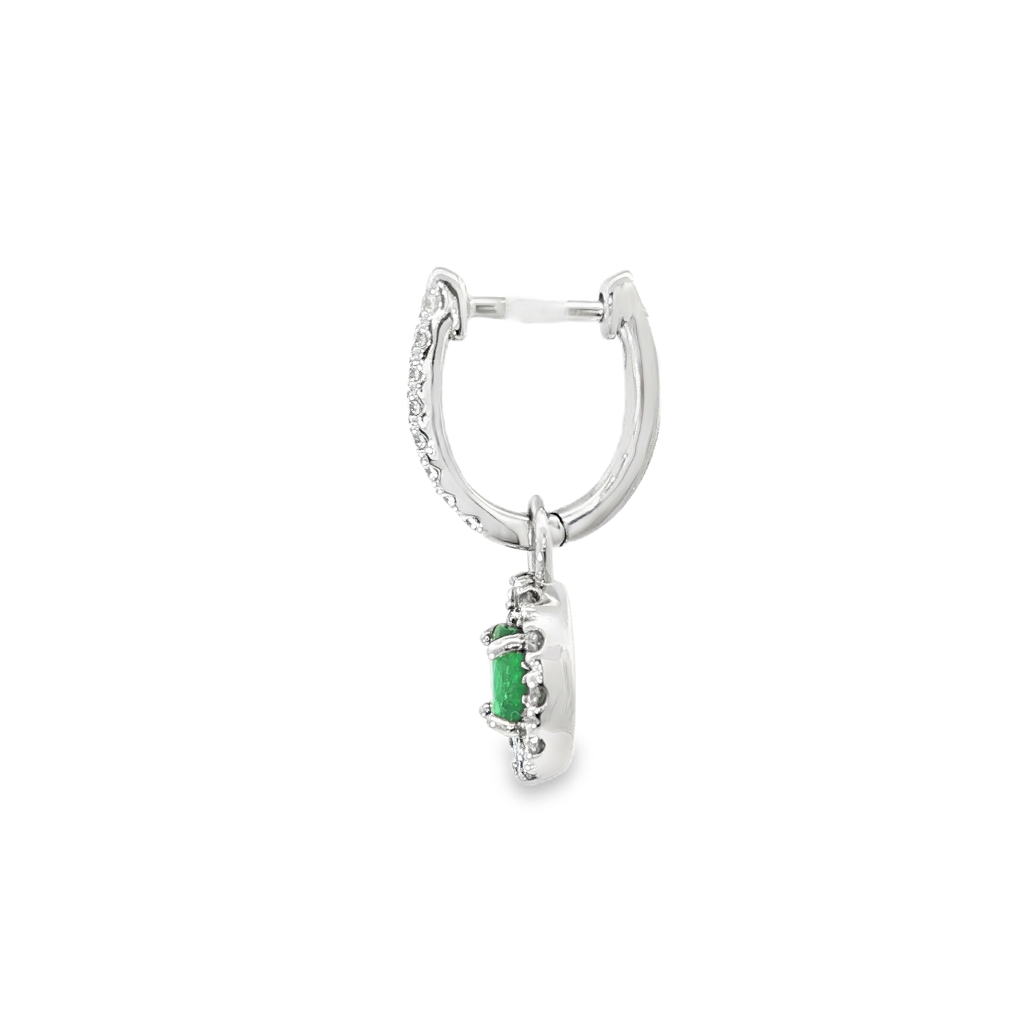 Round Emerald Halo Drop Earrings in White Gold