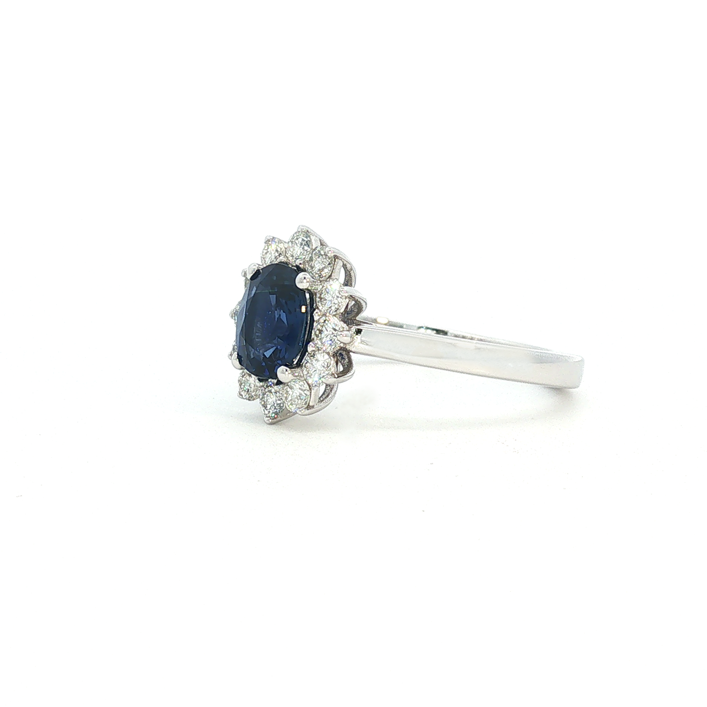 White Gold Royal Blue Sapphire Floral Halo Cocktail Ring