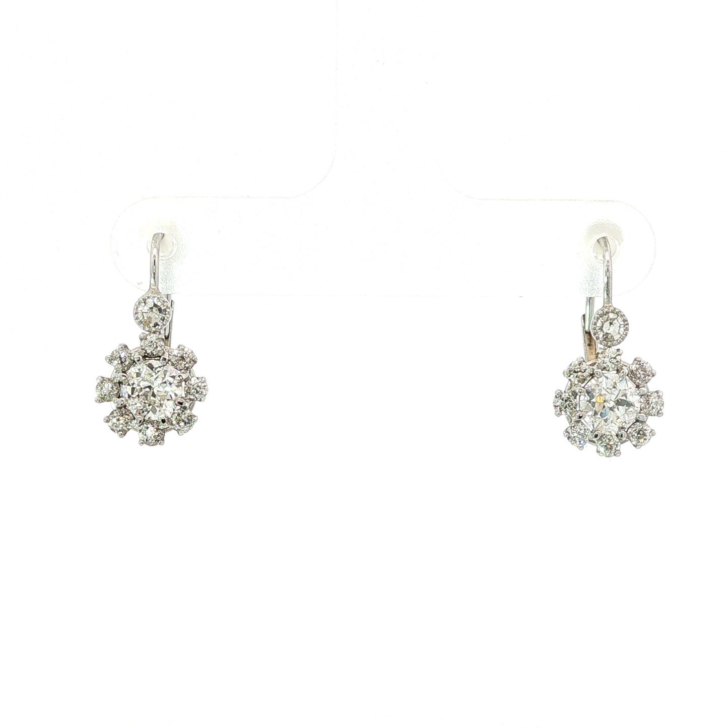 Diamond Floral Halo Drop Earrings in White Gold