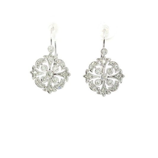 Vintage-Inspired Diamond Medallion Drop Earrings in White Gold