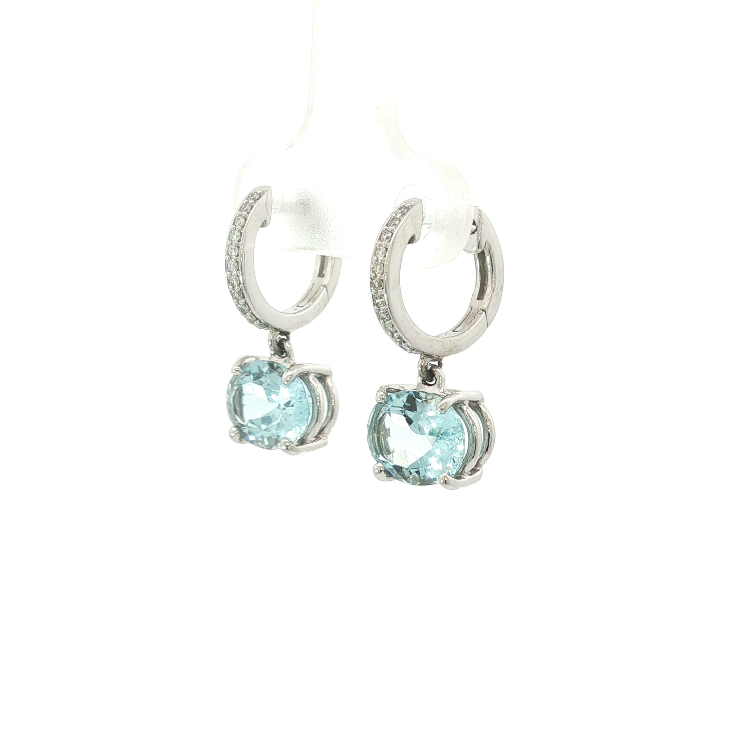 Oval Aquamarine Diamond Accent Drop Earrings in White Gold