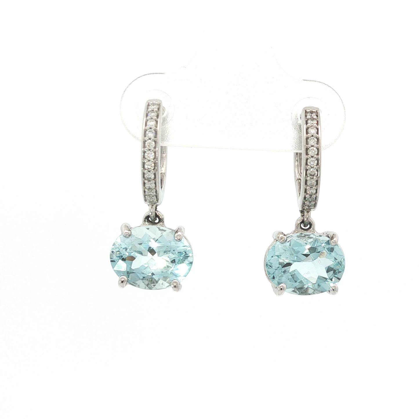 Oval Aquamarine Diamond Accent Drop Earrings in White Gold