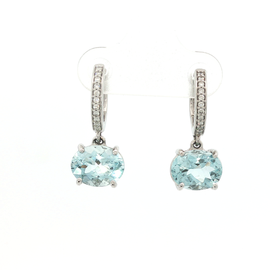Oval Aquamarine Diamond Accent Drop Earrings in White Gold