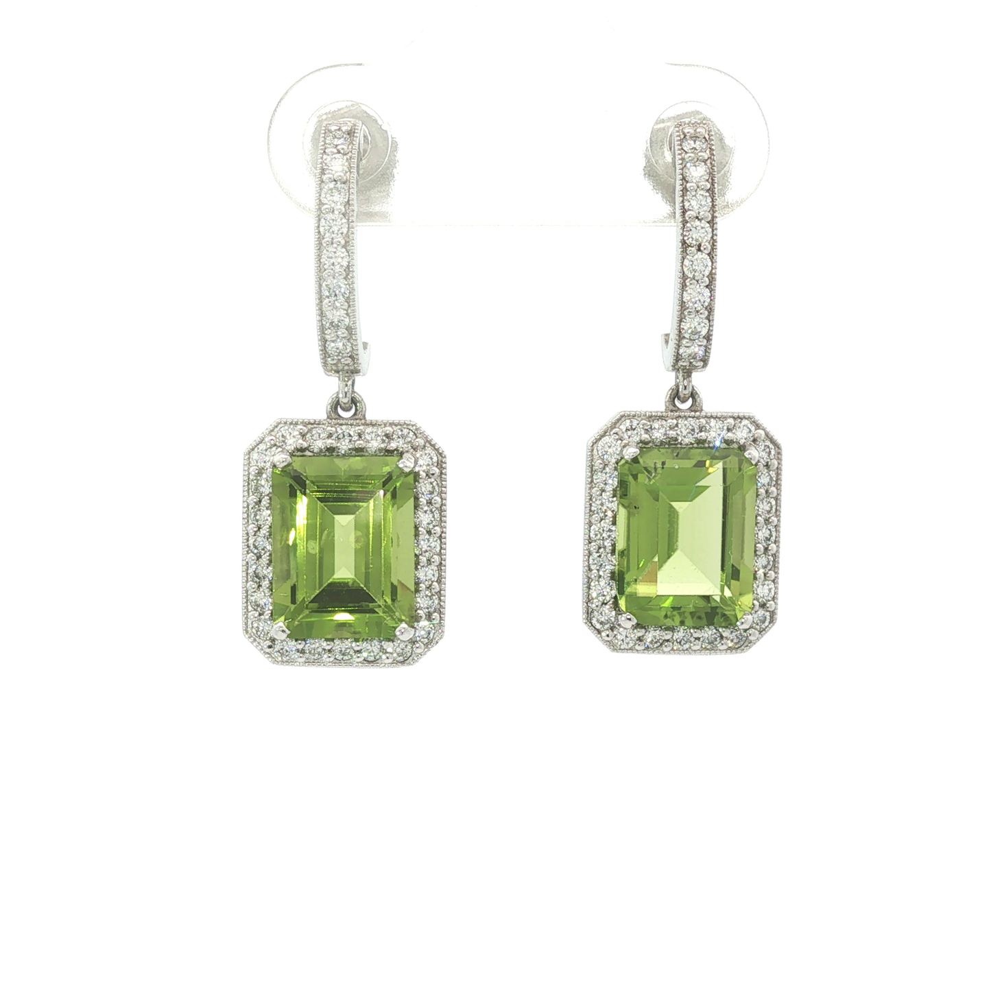 Emerald-Cut Peridot Halo Drop Earrings in Platinum