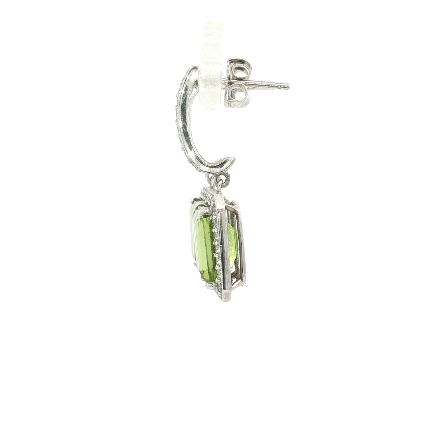 Emerald-Cut Peridot Halo Drop Earrings in Platinum