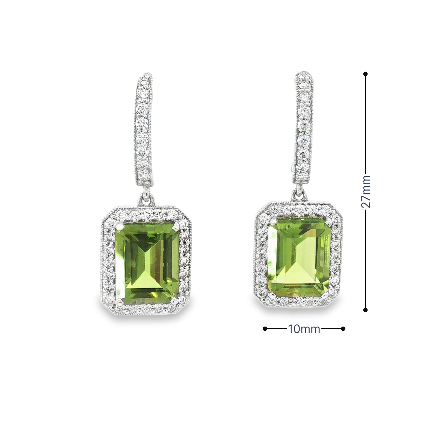 Emerald-Cut Peridot Halo Drop Earrings in Platinum