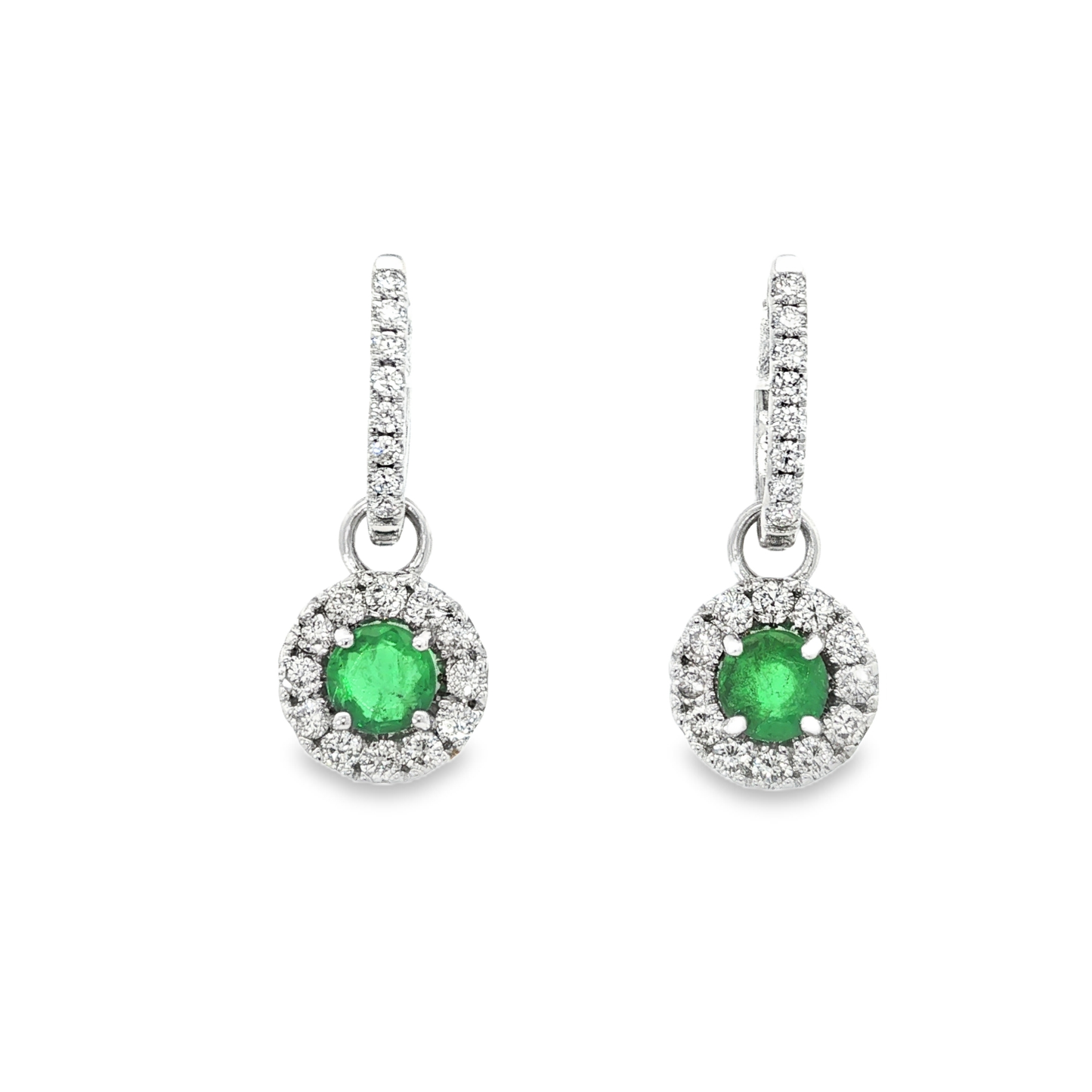 Round Emerald Halo Drop Earrings in White Gold