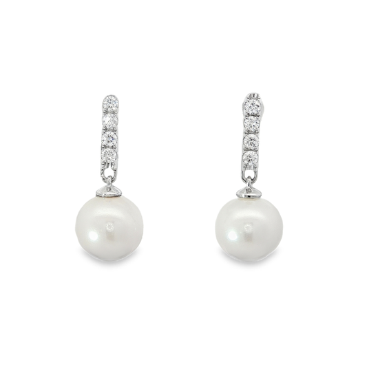 White Gold Pearl Drop Earrings with Accent Stones