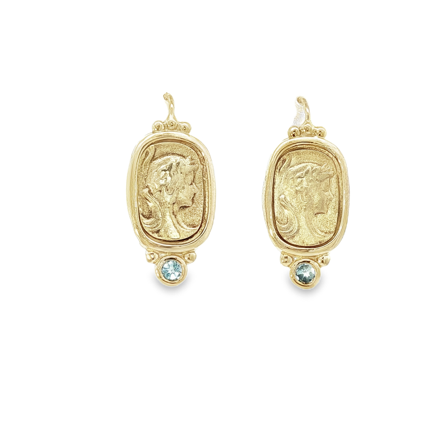 Yellow Gold Portrait Drop Earrings with Blue Topaz