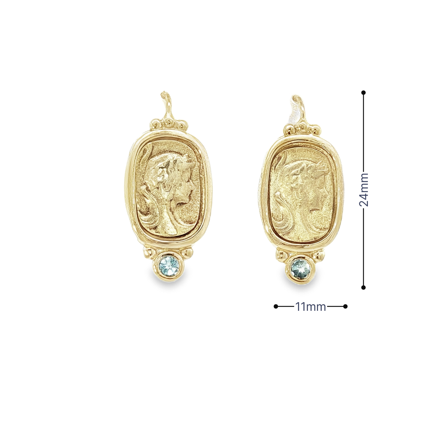 Yellow Gold Portrait Drop Earrings with Blue Topaz