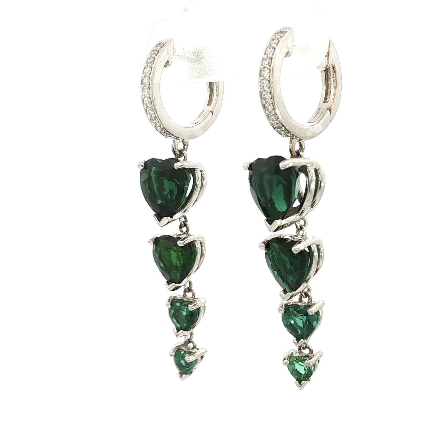 White Gold Graduated Heart shaped Tourmaline Drop Earrings