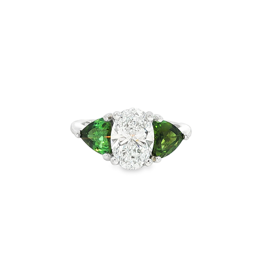 Oval Three-Stone Ring with Trillion Green Tourmalines in White Gold