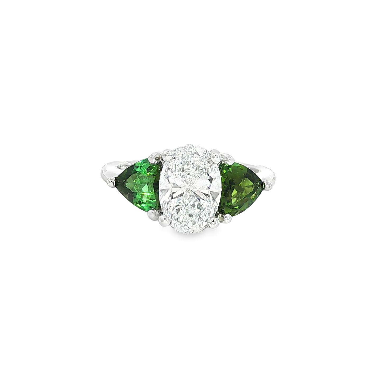 Oval Three-Stone Ring with Trillion Green Tourmalines in White Gold