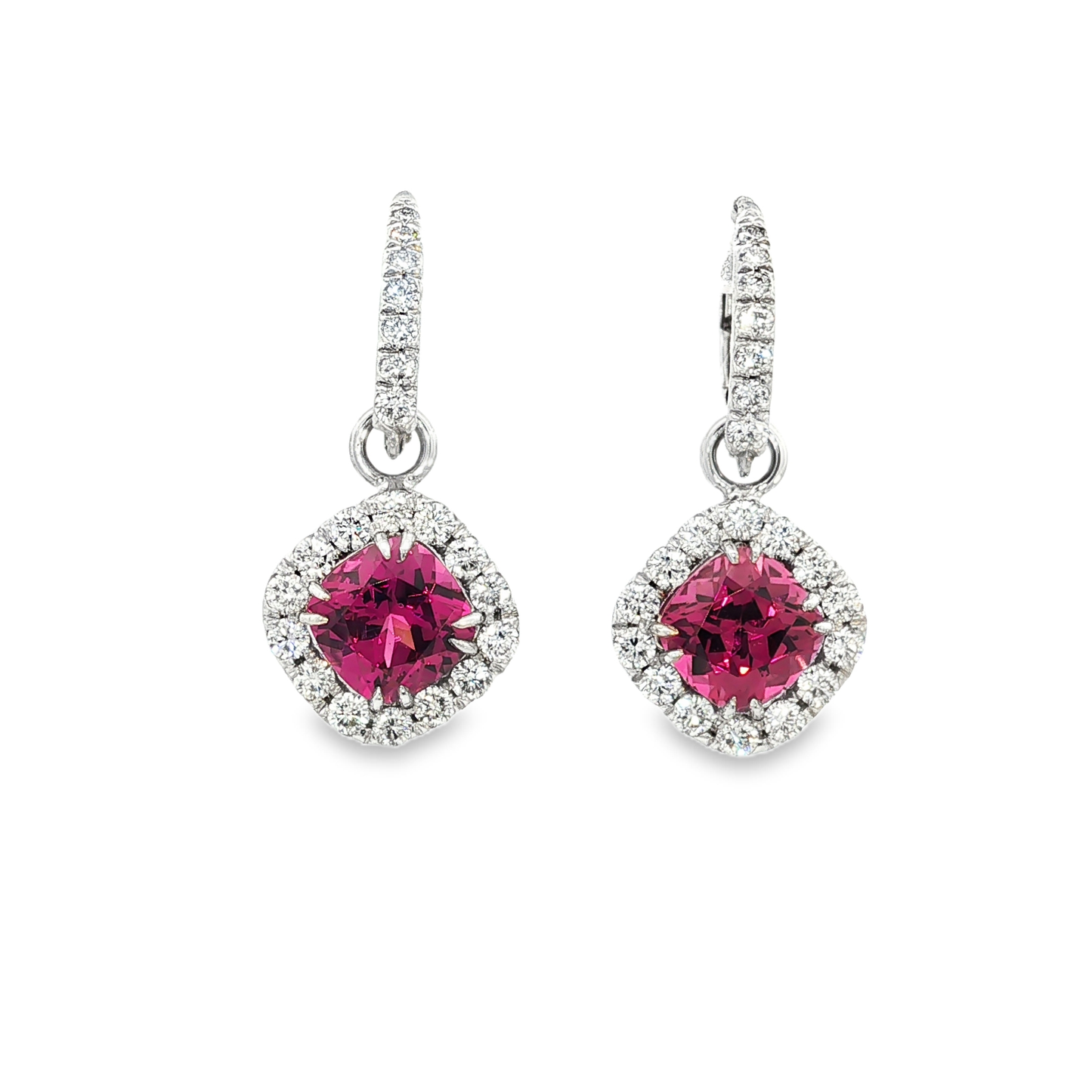 Cushion Cut Garnet Halo Drop Earrings in Platinum