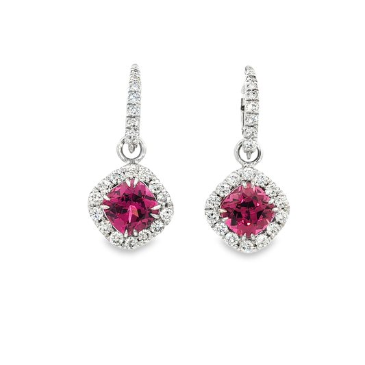 Cushion Cut Garnet Halo Drop Earrings in Platinum