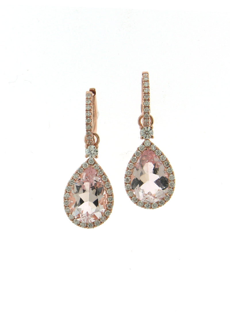 Rose gold hoop earrings with removable pear-shaped morganite drops in diamond halos, from the collection