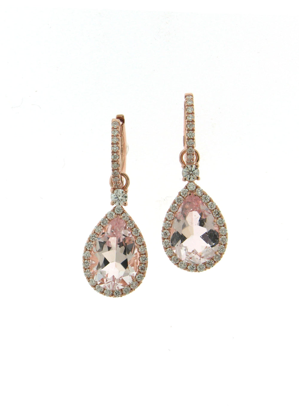 Custom made rose gold hoop earrings with removable pear shaped morganite drops surrounded by a halo of diamonds.