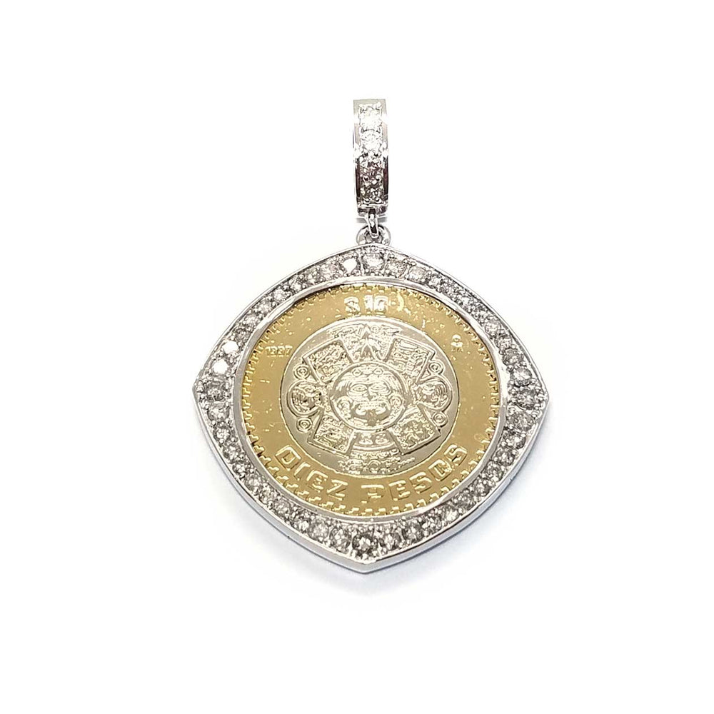 A custom pendant made with a customer's diamonds and Peso