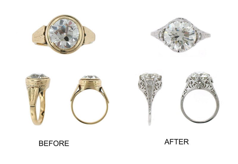 A client's heirloom piece, before and after redesign at Judith L. Ansteth Jewelers in Chicago