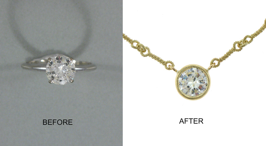 A client's heirloom piece, before and after restyling at Judith L. Ansteth Jewelers