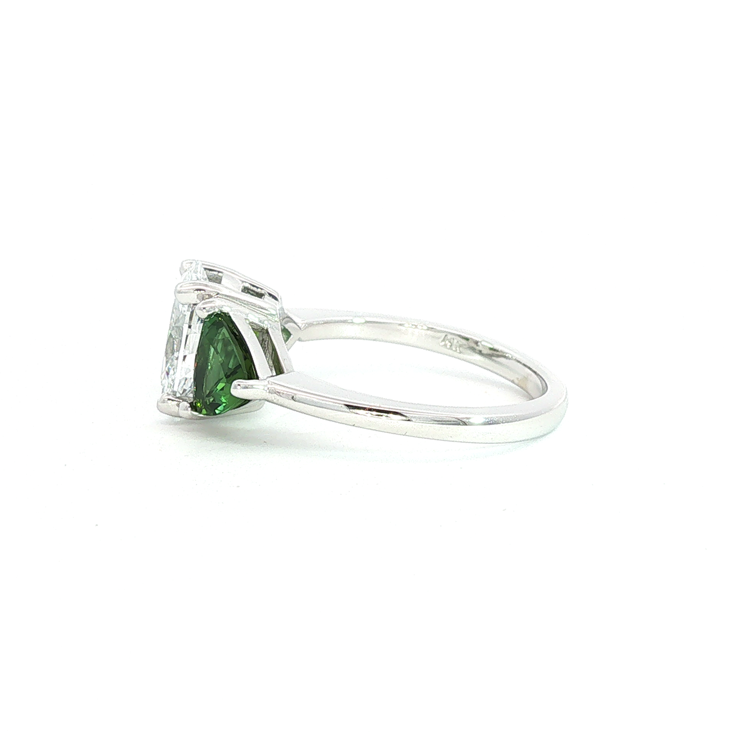 Oval Three-Stone Ring with Trillion Green Tourmalines in White Gold