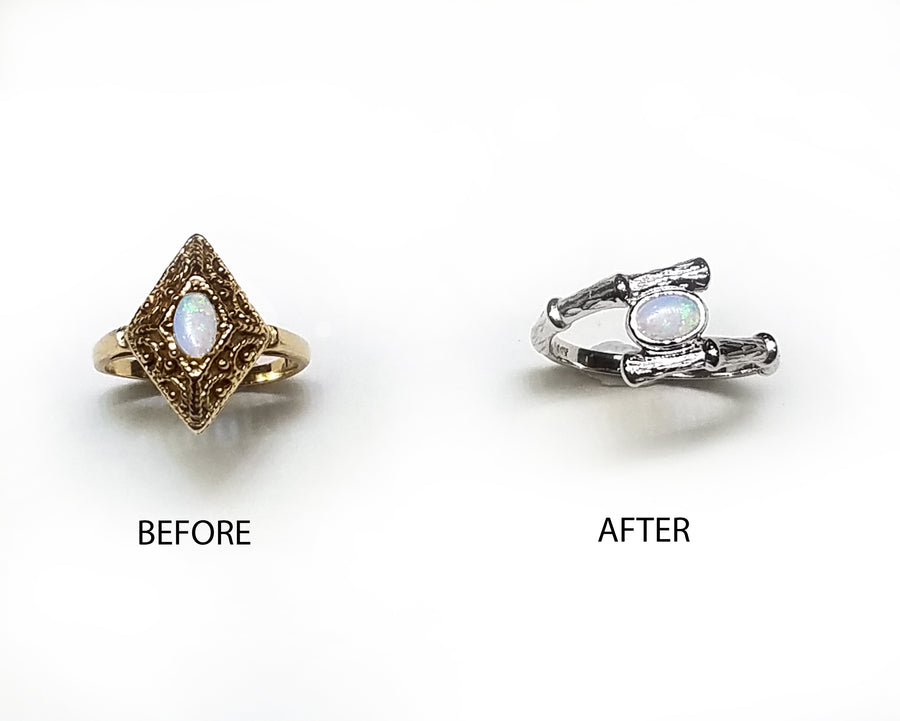 A client's heirloom piece, before and after restyling at Judith L. Ansteth Jewelers