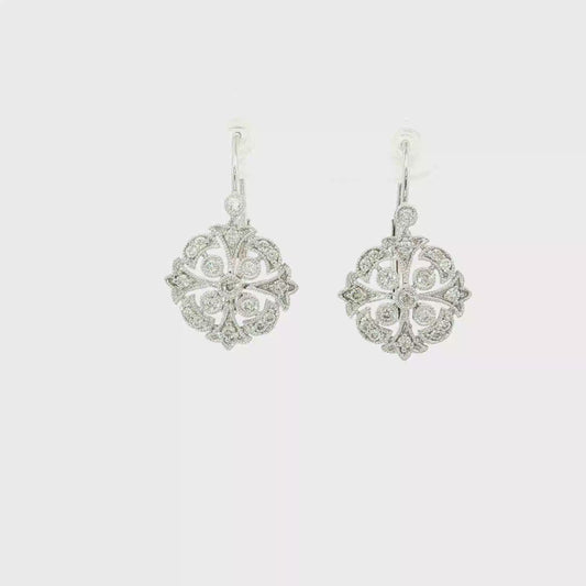 Vintage-Inspired Diamond Medallion Drop Earrings in White Gold