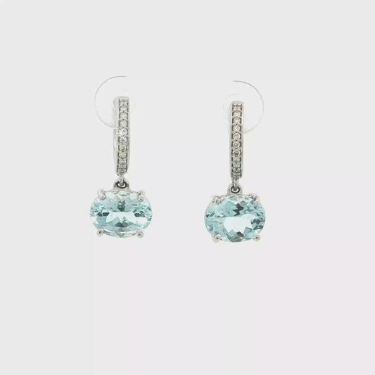 Oval Aquamarine Diamond Accent Drop Earrings in White Gold
