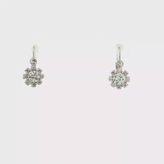 Diamond Floral Halo Drop Earrings in White Gold