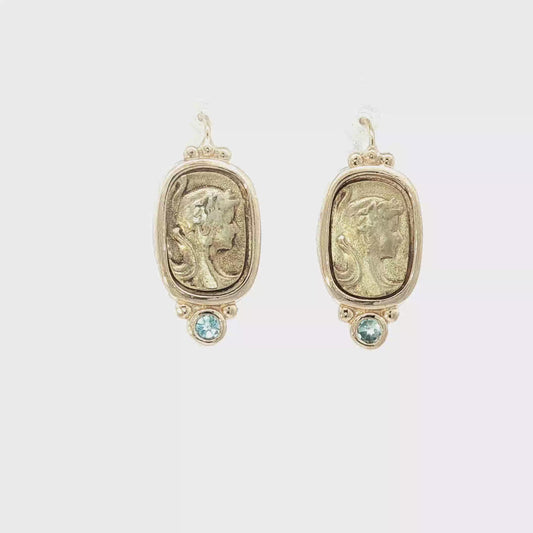 Yellow Gold Portrait Drop Earrings with Blue Topaz