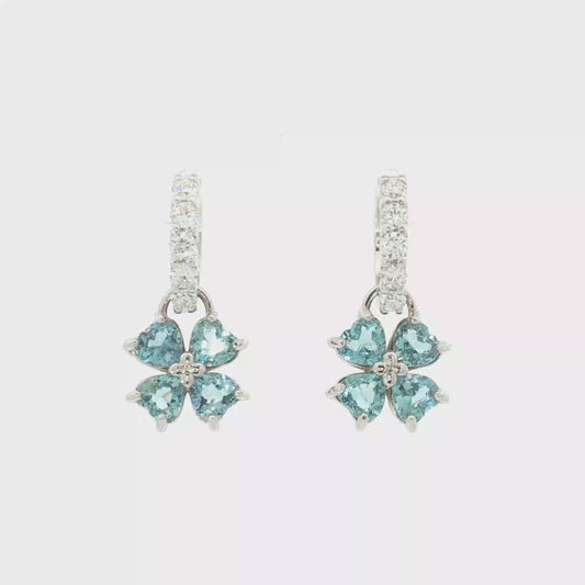 Aquamarine Heart Clover Drop Earrings in White Gold