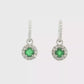 Round Emerald Halo Drop Earrings in White Gold