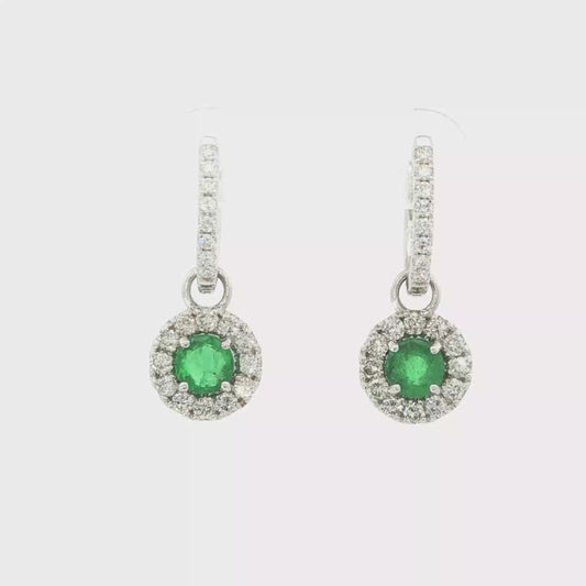Round Emerald Halo Drop Earrings in White Gold