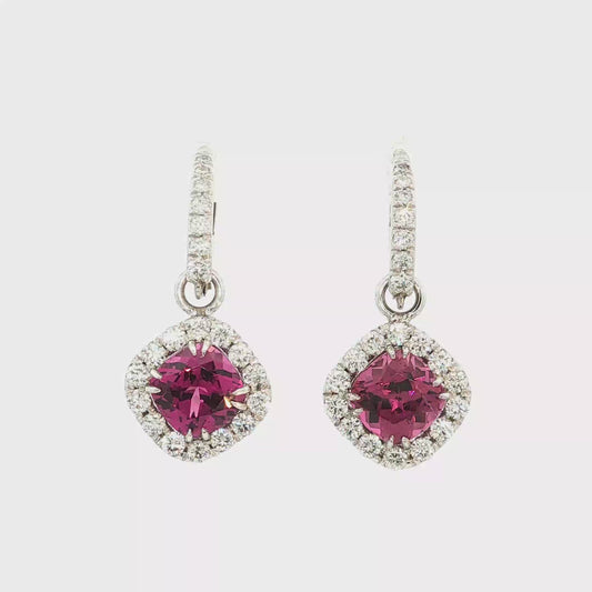 Cushion Cut Garnet Halo Drop Earrings in Platinum