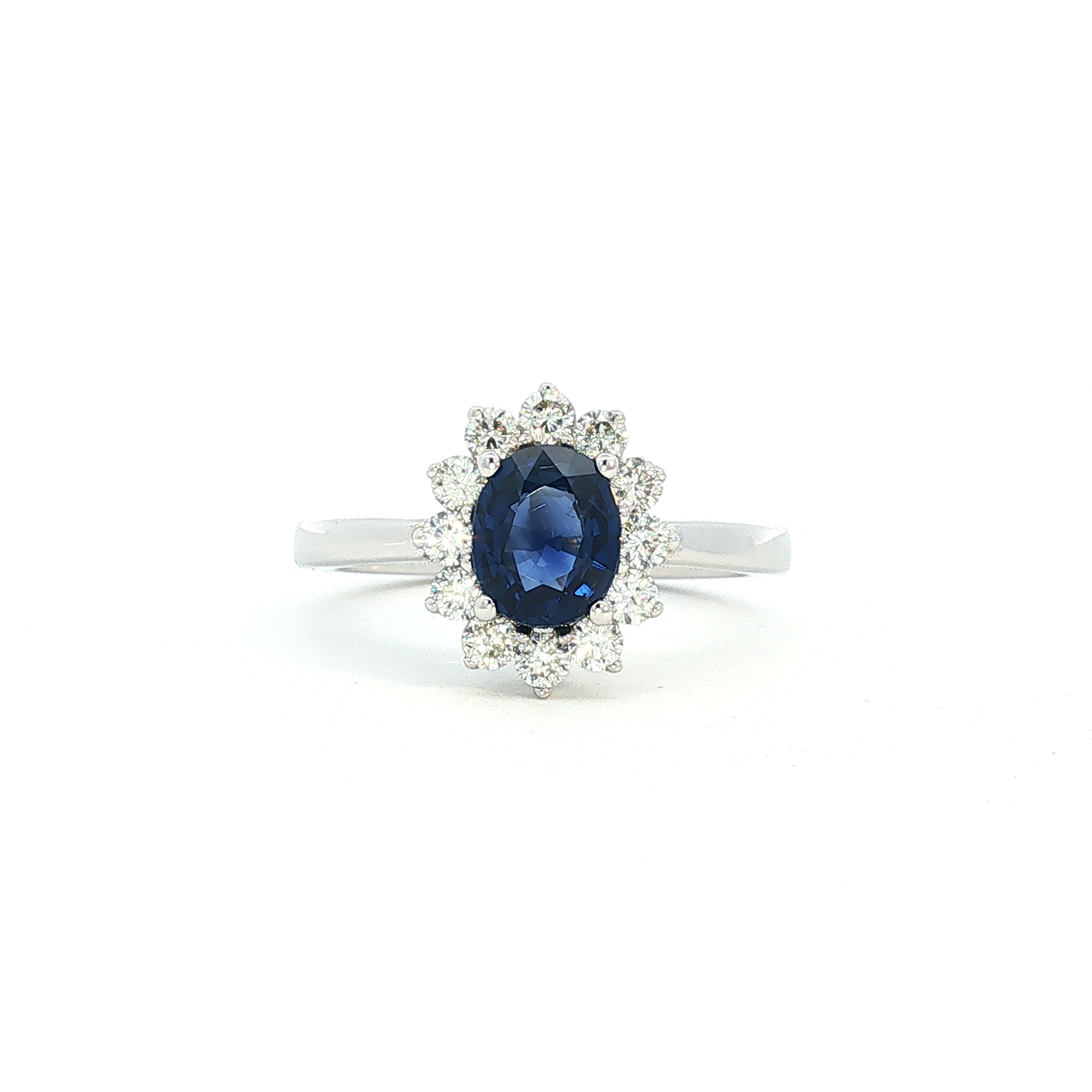 White Gold Royal Blue Sapphire Floral Halo Cocktail Ring